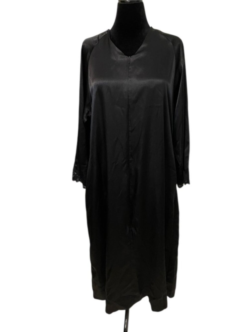 Cabernet Womens M Black Satin Zip Front Long Robe Nightgown Lace Trim